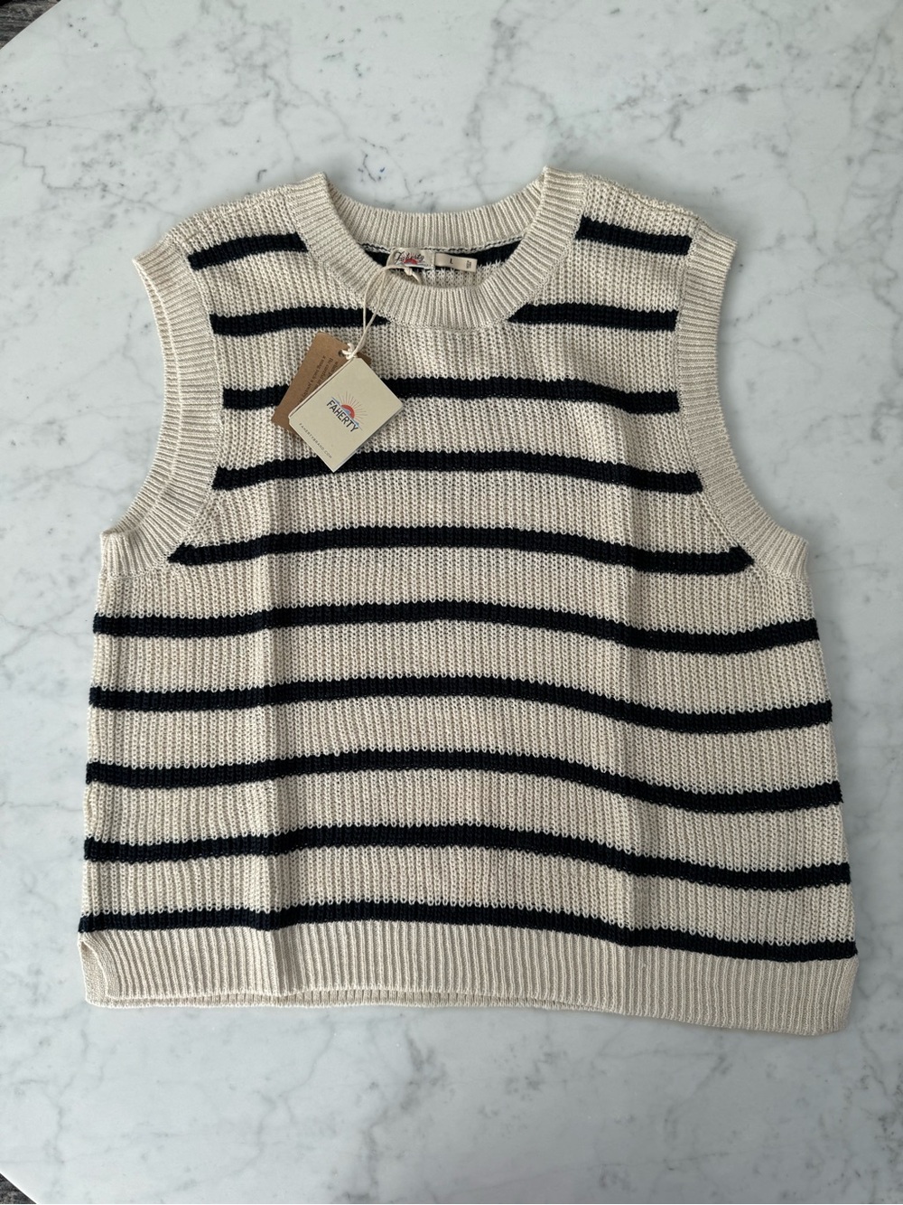 Faherty Striped Sweater Vest Large NWT Organic Cotton Linen Knit Top Miramar - Picture 2 of 4